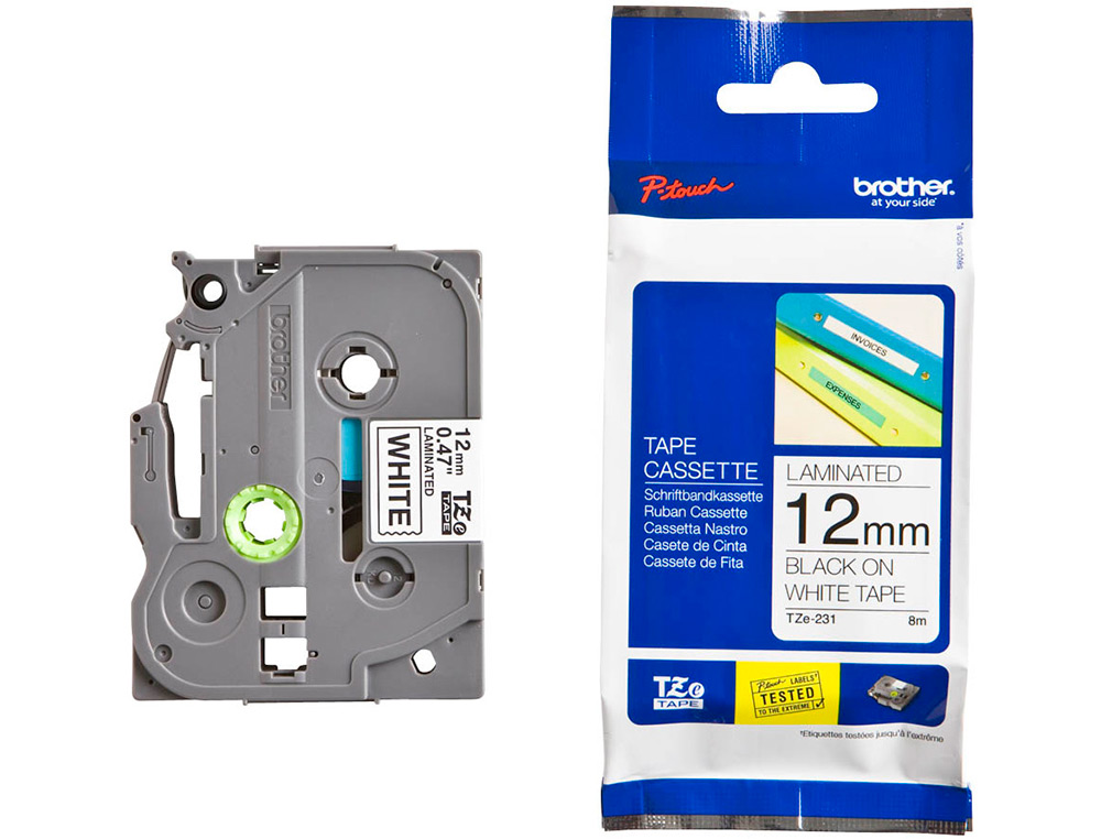 RUBAN LAMIN TZE POUR TITREUSE BROTHER P-TOUCH TZE231 12MM COLORIS IMPRESSION NOIR/BLANC
