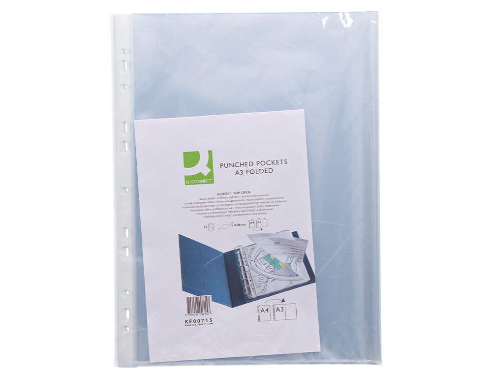 POCHETTE Q-CONNECT POLYPROPYLÈNE LISSE 8/100E PERFORÉE A3 PLIÉ OU A4 297X420MM SACHET 10 UNITÉS
