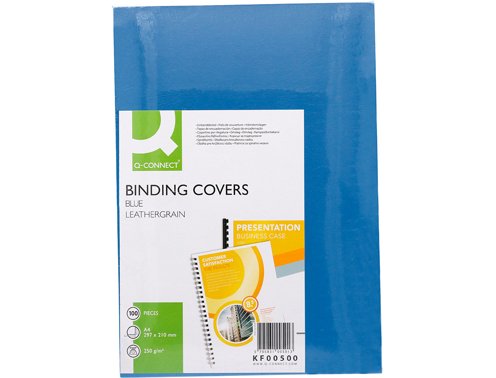 COUVERTURE Q-CONNECT CARTON 250G GRAIN CUIR POUR RELIURE FORMAT A4 COLORIS BLEU PAQUET 100 UNITÉS