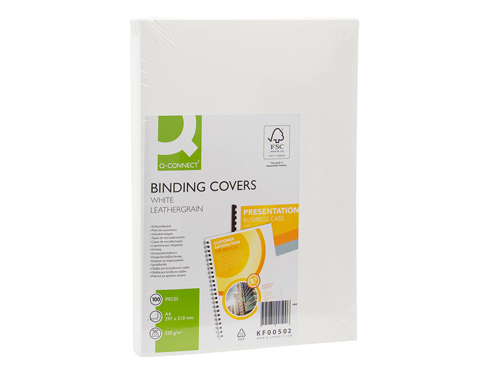 COUVERTURE Q-CONNECT CARTON 250G GRAIN CUIR POUR RELIURE FORMAT A4 COLORIS BLANC PAQUET 100 UNITÉS