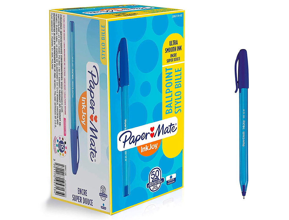 STYLO-BILLE PAPER MATE INKJOY 100 ÉCRITURE MOYENNE 0.7MM ULTRA DOUCE CORPS TRIANGULAIRE RÉSISTE BAVURES COLORIS BLEU