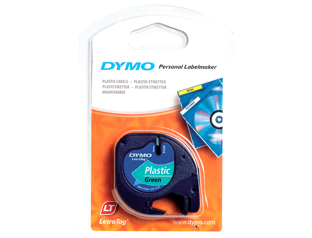RUBAN TITREUSE DYMO LETRATAG SUPPORT PLASTIQUE 12MMX4M COLORIS IMPRESSION NOIR/VERT