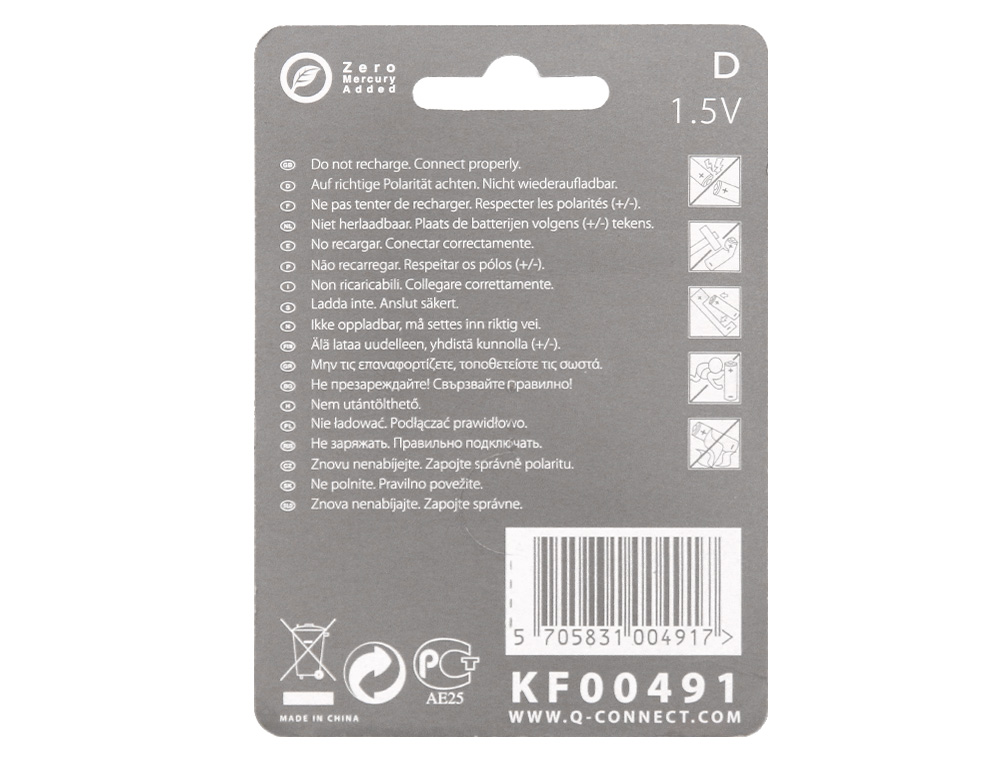 PILE Q-CONNECT ÉCONOMIQUE CAPACITÉ 1.5V I.C.E. LR20 TAILLE D BLISTER 2 UNITÉS
