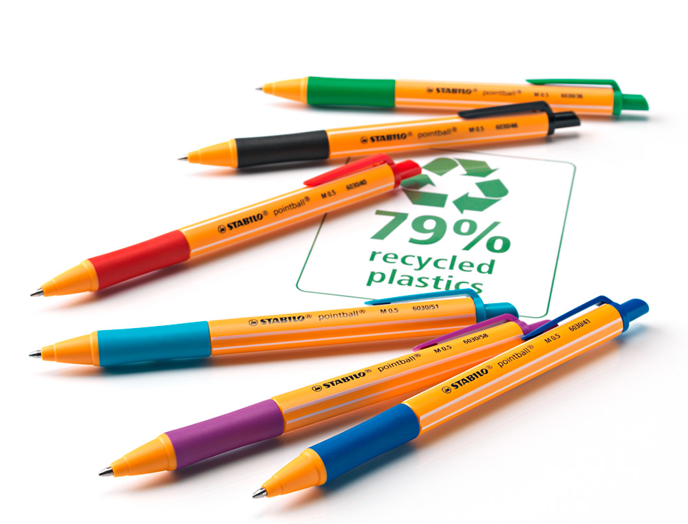 STYLO-BILLE STABILO POINTBALL PLASTIQUE RECYCL 3500M D'CRITURE RECHARGEABLE RTRACTABLE GRIP ANTIDRAPANT NOIR