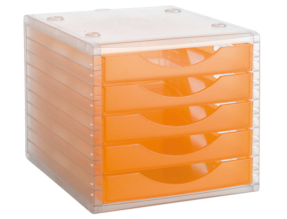 MODULE CLASSEMENT Q-CONNECT 5 TIROIRS OUVERTS BASE 340X270X260MM BUTÉE SÉCURITÉ COLORIS ORANGE TRANSLUCIDE
