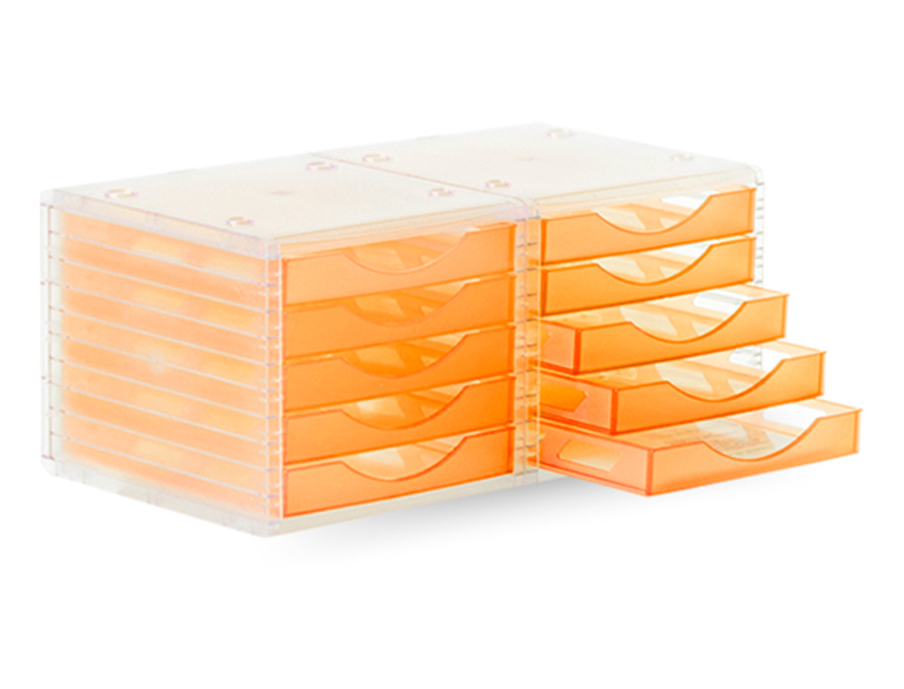 MODULE CLASSEMENT Q-CONNECT 5 TIROIRS OUVERTS BASE 340X270X260MM BUTÉE SÉCURITÉ COLORIS ORANGE TRANSLUCIDE