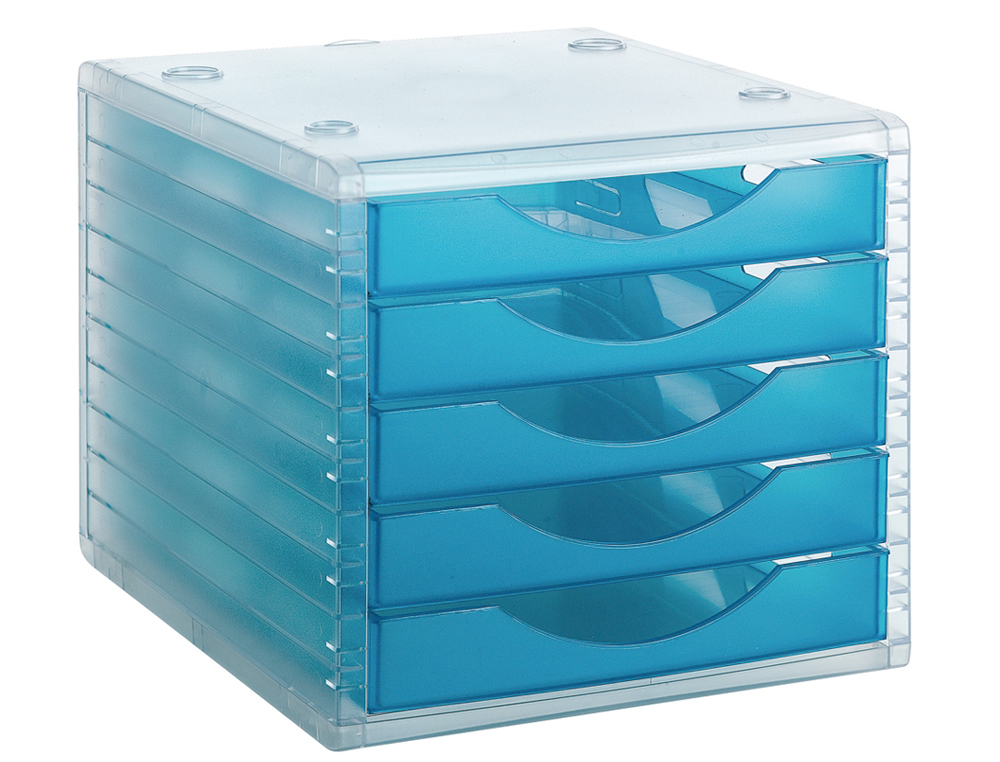 MODULE CLASSEMENT Q-CONNECT 5 TIROIRS OUVERTS BASE 340X270X260MM BUTÉE SÉCURITÉ COLORIS BLEU TRANSLUCIDE