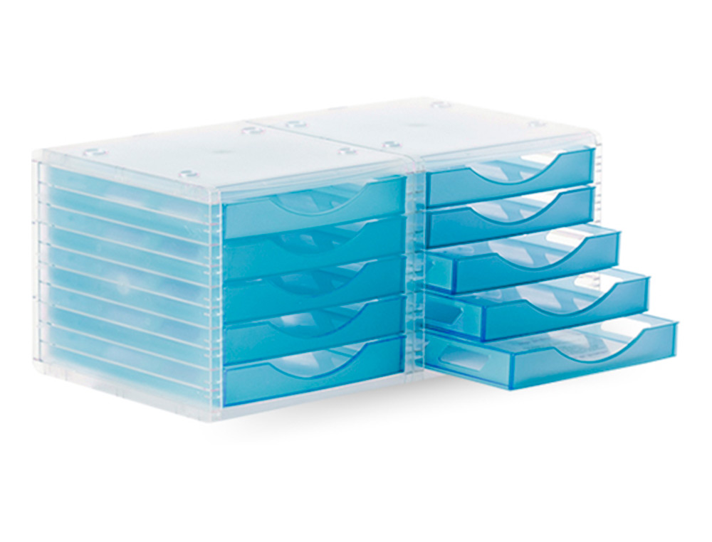 MODULE CLASSEMENT Q-CONNECT 5 TIROIRS OUVERTS BASE 340X270X260MM BUTÉE SÉCURITÉ COLORIS BLEU TRANSLUCIDE