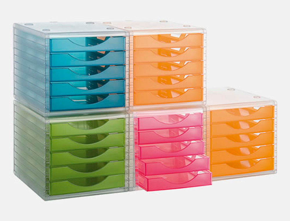 MODULE CLASSEMENT Q-CONNECT 5 TIROIRS OUVERTS BASE 340X270X260MM BUTÉE SÉCURITÉ COLORIS BLEU TRANSLUCIDE