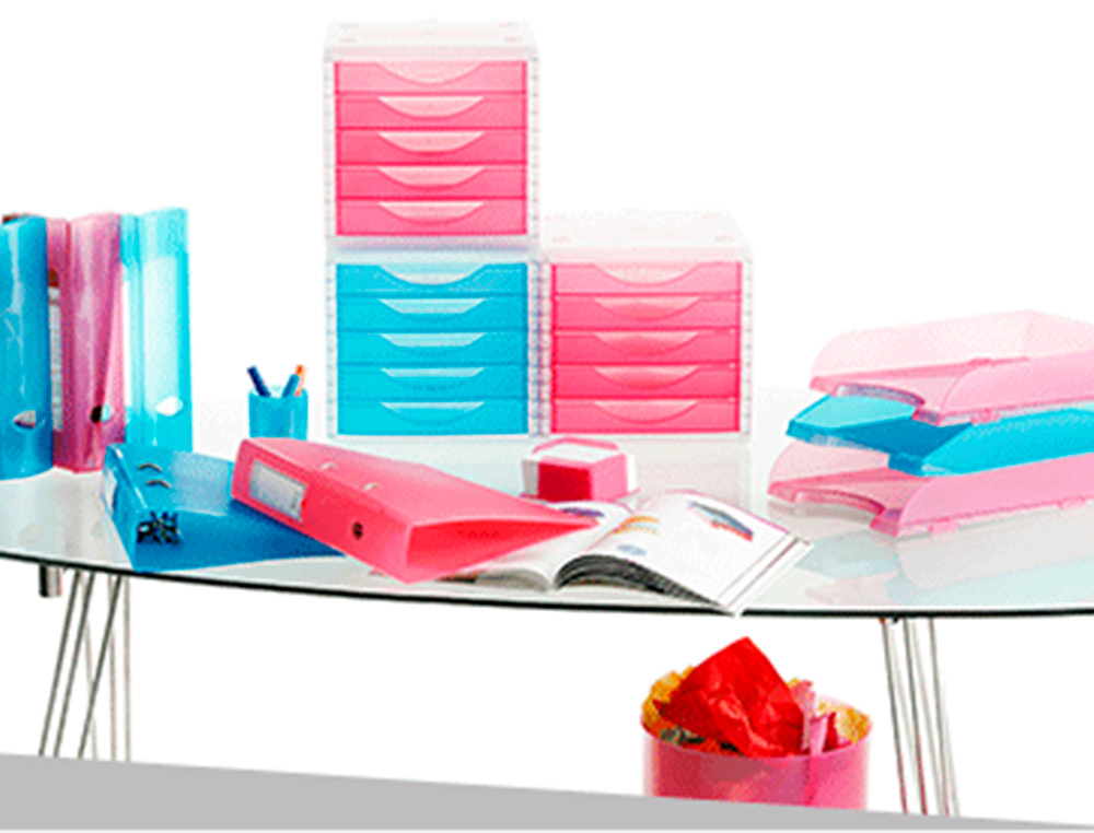 MODULE CLASSEMENT Q-CONNECT 5 TIROIRS OUVERTS BASE 340X270X260MM BUTÉE SÉCURITÉ COLORIS BLEU TRANSLUCIDE