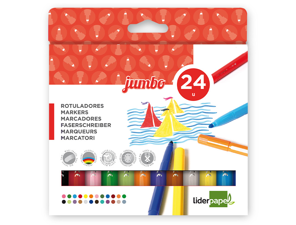 FEUTRE COLORIAGE LIDERPAPEL JUMBO LONGUEUR ÉCRITURE 800M POINTE NYLON 5MM DIAMÈTRE BOÎTE CARTON 24 UNITÉS