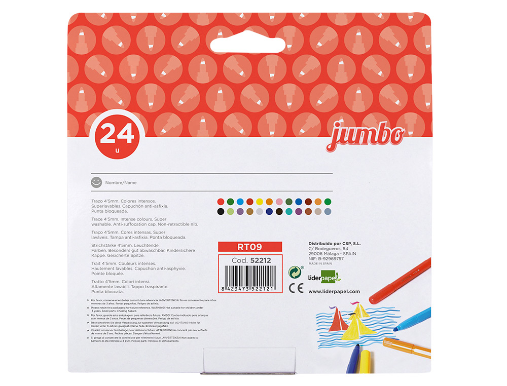 FEUTRE COLORIAGE LIDERPAPEL JUMBO LONGUEUR ÉCRITURE 800M POINTE NYLON 5MM DIAMÈTRE BOÎTE CARTON 24 UNITÉS
