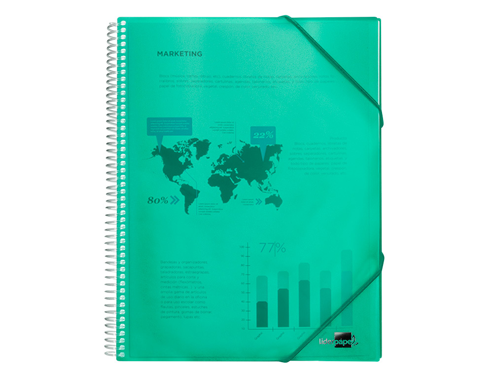 PROTÈGE-DOCUMENTS LIDERPAPEL POLYPROPYLÈNE COUVERTURE RIGIDE SPIRALE 30 POCHETTES FIXES A4 210X297MM COLORIS VERT