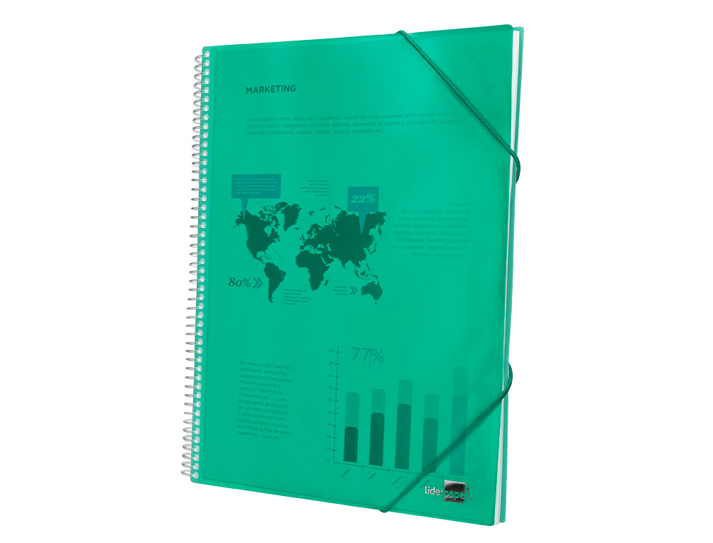 PROTÈGE-DOCUMENTS LIDERPAPEL POLYPROPYLÈNE COUVERTURE RIGIDE SPIRALE 30 POCHETTES FIXES A4 210X297MM COLORIS VERT