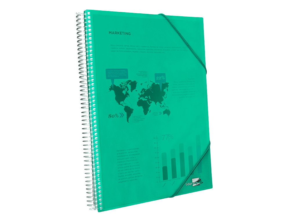 PROTÈGE-DOCUMENTS LIDERPAPEL POLYPROPYLÈNE COUVERTURE RIGIDE SPIRALE 30 POCHETTES FIXES A4 210X297MM COLORIS VERT
