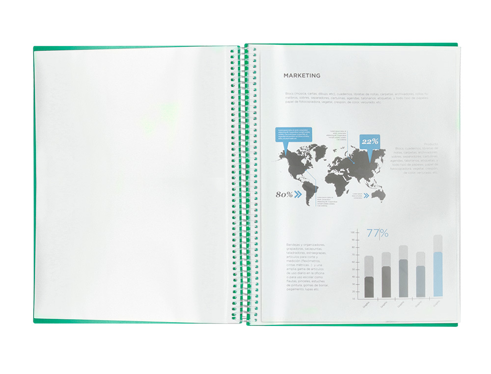 PROTÈGE-DOCUMENTS LIDERPAPEL POLYPROPYLÈNE COUVERTURE RIGIDE SPIRALE 30 POCHETTES FIXES A4 210X297MM COLORIS VERT