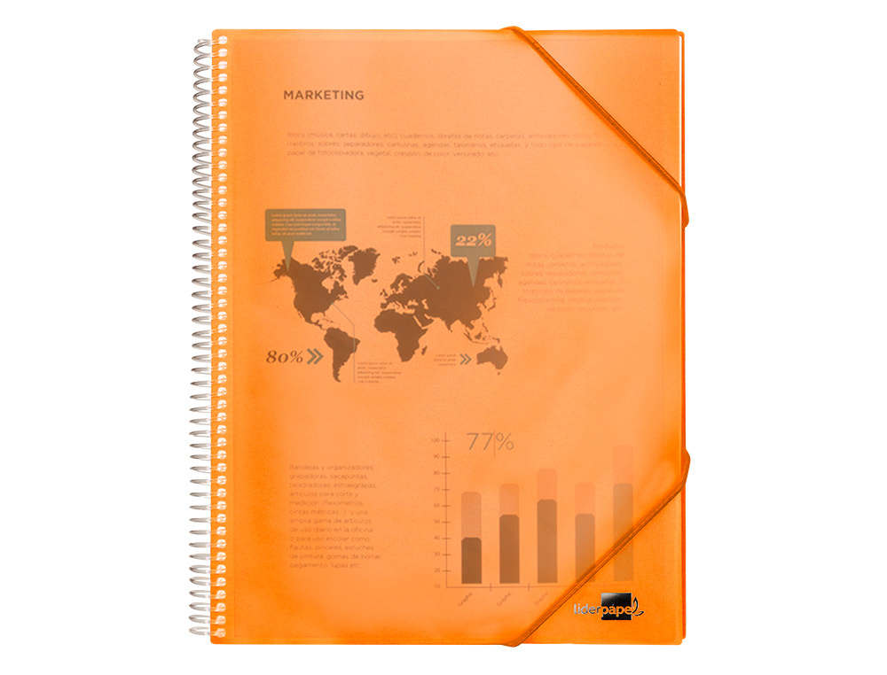 PROTÈGE-DOCUMENTS LIDERPAPEL POLYPROPYLÈNE COUVERTURE RIGIDE SPIRALE 40 POCHETTES FIXES A4 210X297MM COLORIS ORANGE