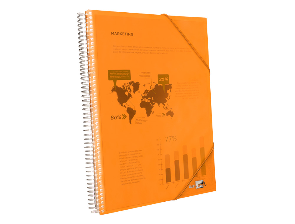 PROTÈGE-DOCUMENTS LIDERPAPEL POLYPROPYLÈNE COUVERTURE RIGIDE SPIRALE 40 POCHETTES FIXES A4 210X297MM COLORIS ORANGE