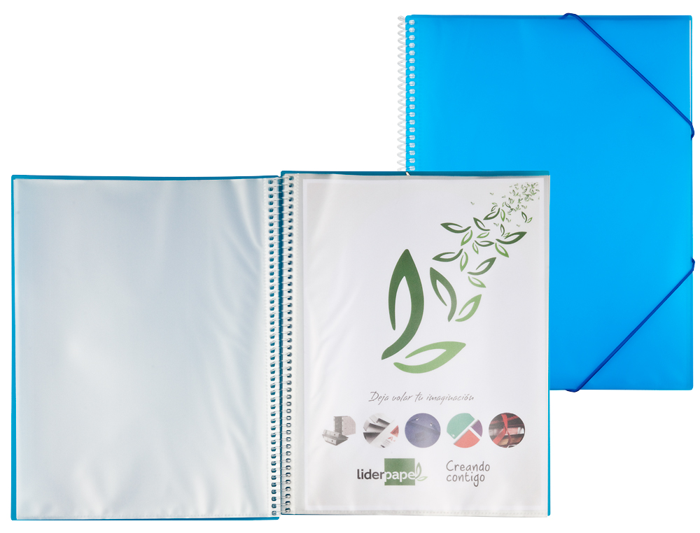 PROTÈGE-DOCUMENTS LIDERPAPEL POLYPROPYLÈNE COUVERTURE RIGIDE SPIRALE 50 POCHETTES FIXES A4 210X297MM COLORIS BLEU