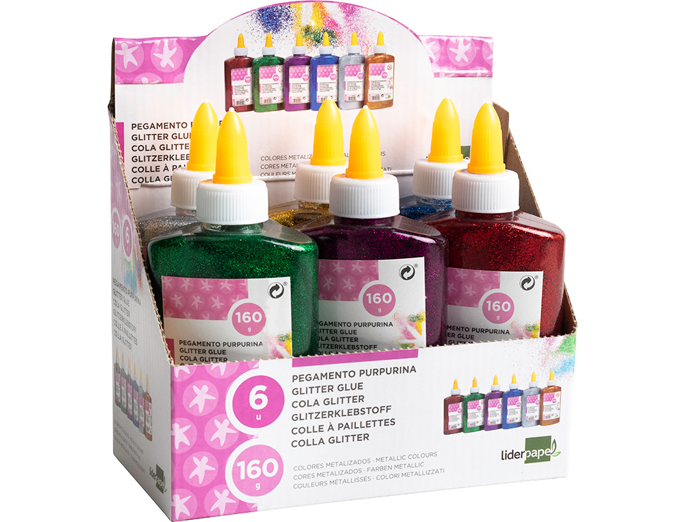 COLLE PAILLETÉE LIDERPAPEL COLORIS ASSORTIS MÉTALLISÉS POT 160G