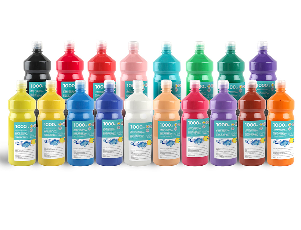 GOUACHE SCOLAIRE LIDERPAPEL LIQUIDE LAVABLE FERMETURE SÉCURITÉ BRILLANTE COLORIS CHAIR FLACON 1000ML