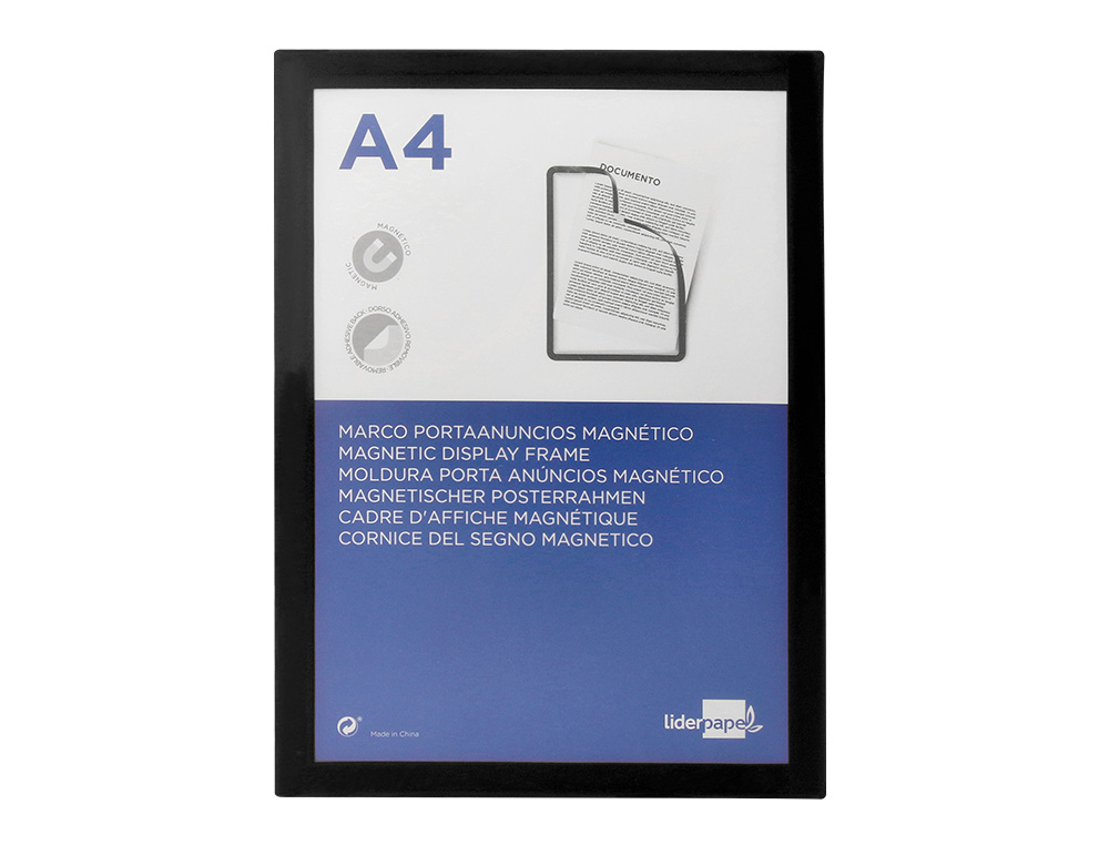 CADRE AFFICHAGE LIDERPAPEL MURAL MAGNETIQUE A4 DOS ADHESIF REPOSITIONNABLE COLORIS NOIR