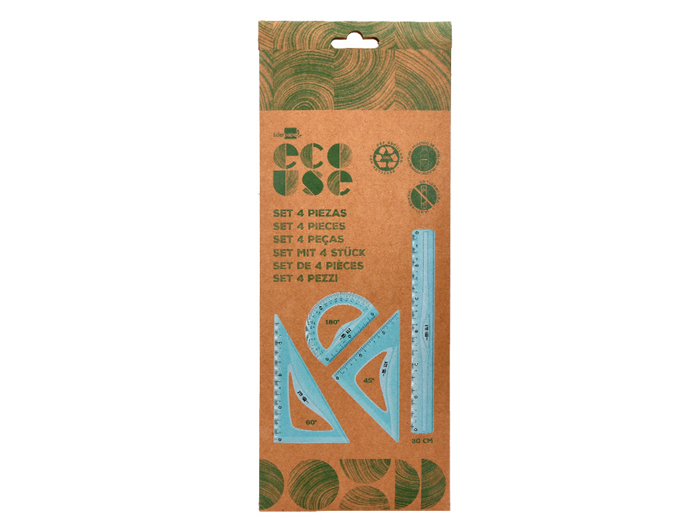 SET TRAÇAGE LIDERPAPEL ECOUSE 100% PLASTIQUE PET RECYCLE EQUERRE 20 CM 18 CM REGLE 30 CM ET DEMI-CERCLE 10 CM