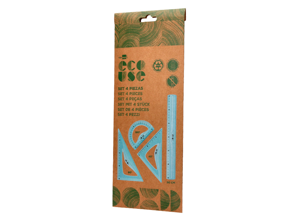 SET TRAÇAGE LIDERPAPEL ECOUSE 100% PLASTIQUE PET RECYCLE EQUERRE 20 CM 18 CM REGLE 30 CM ET DEMI-CERCLE 10 CM
