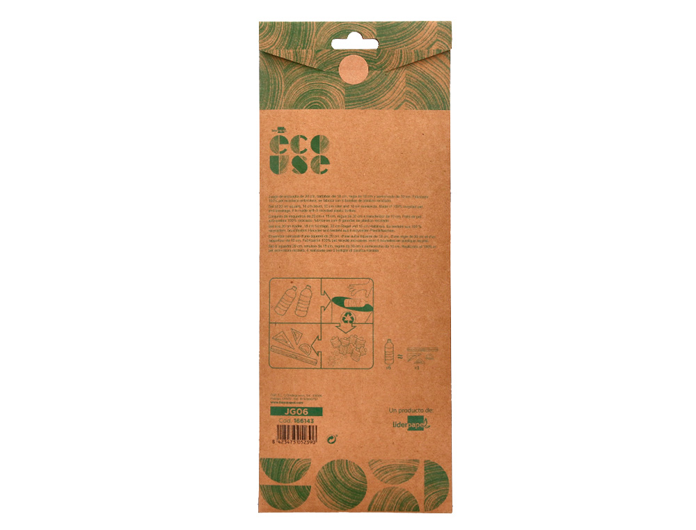SET TRAÇAGE LIDERPAPEL ECOUSE 100% PLASTIQUE PET RECYCLE EQUERRE 20 CM 18 CM REGLE 30 CM ET DEMI-CERCLE 10 CM