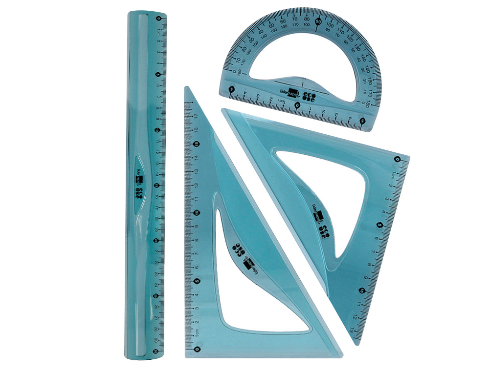 SET TRAÇAGE LIDERPAPEL ECOUSE 100% PLASTIQUE PET RECYCLE EQUERRE 20 CM 18 CM REGLE 30 CM ET DEMI-CERCLE 10 CM