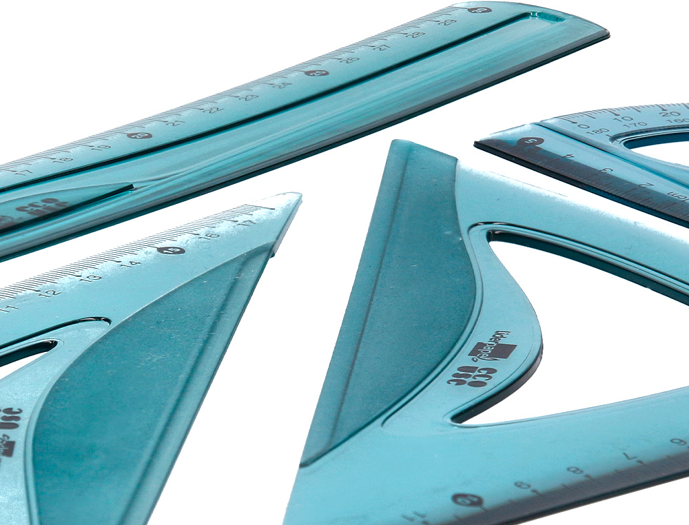 SET TRAÇAGE LIDERPAPEL ECOUSE 100% PLASTIQUE PET RECYCLE EQUERRE 20 CM 18 CM REGLE 30 CM ET DEMI-CERCLE 10 CM