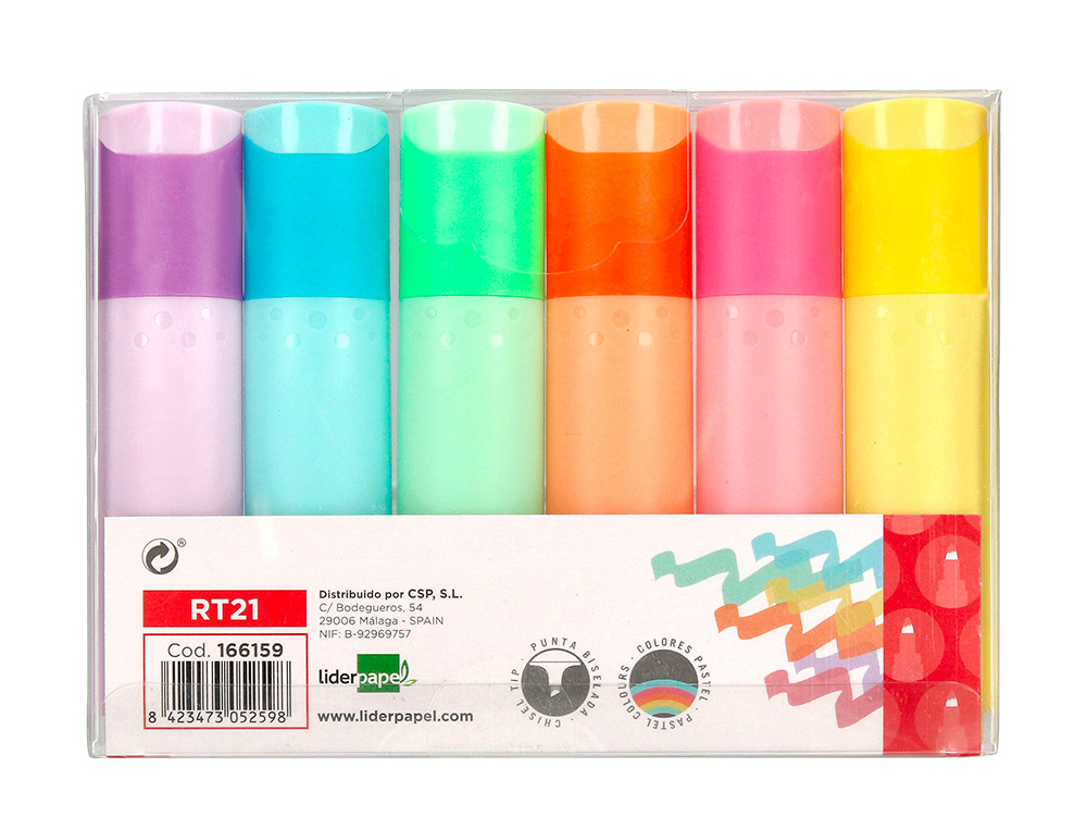 SURLIGNEUR LIDERPAPEL FLUORESCENT POINTE BISEAUTE ETUI DE 6 UN COLORIS PASTEL ASSORTIS