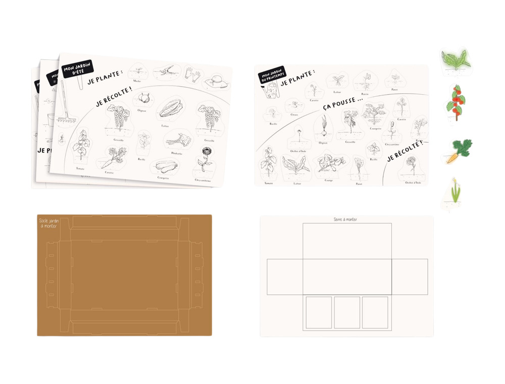MON JARDIN 4 SAISONS SODERTEX MONTER ET COLORIER CARTON ET PAPIER 24X34,4CM 4 SOCLES CARTON KRAFT + 7 PLANCHES