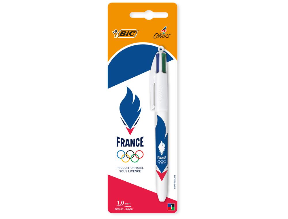 STYLO-BILLE BIC 4 COULEURS PARIS 2024 POINTE MOYENNE 1MM RETRACTABLE CORPS PLASTIQUE MODELES ASSORTIS BLISTER 1 UNITE