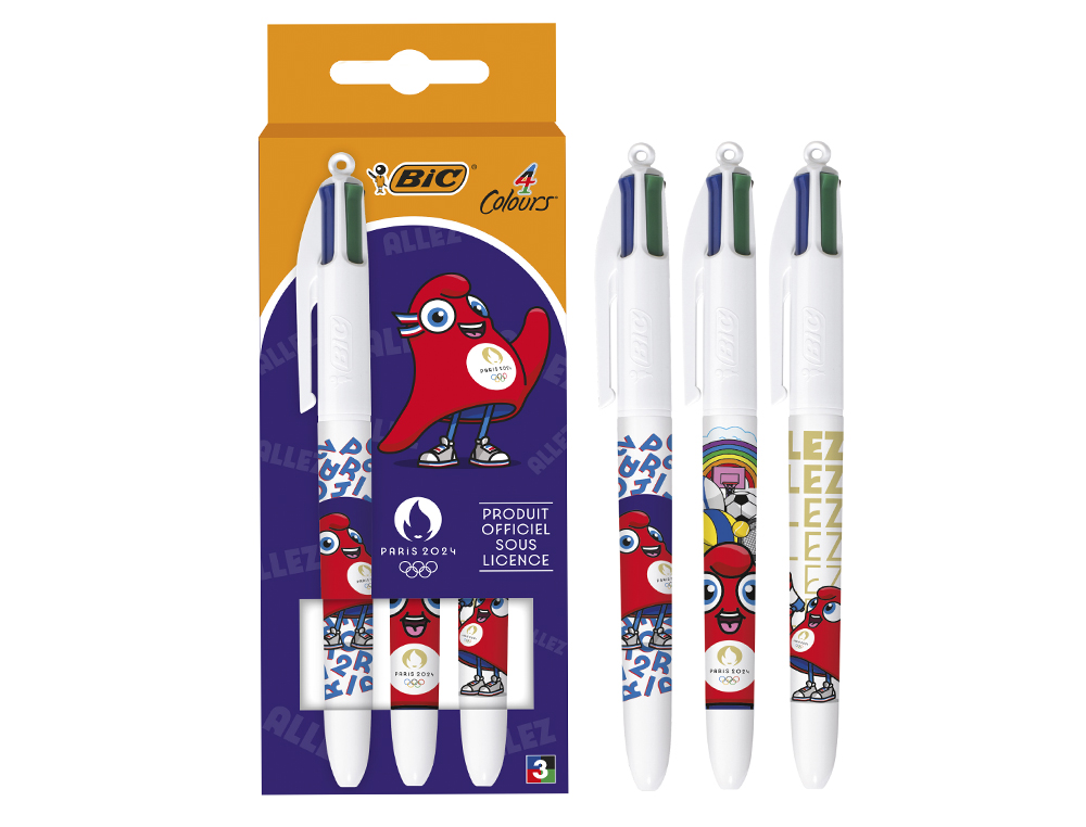 STYLO-BILLE BIC 4 COULEURS PARIS 2024 POINTE MOYENNE 1MM RETRACTABLE CORPS PLASTIQUE MODELES ASSORTIS COFFRET 3 UNITES