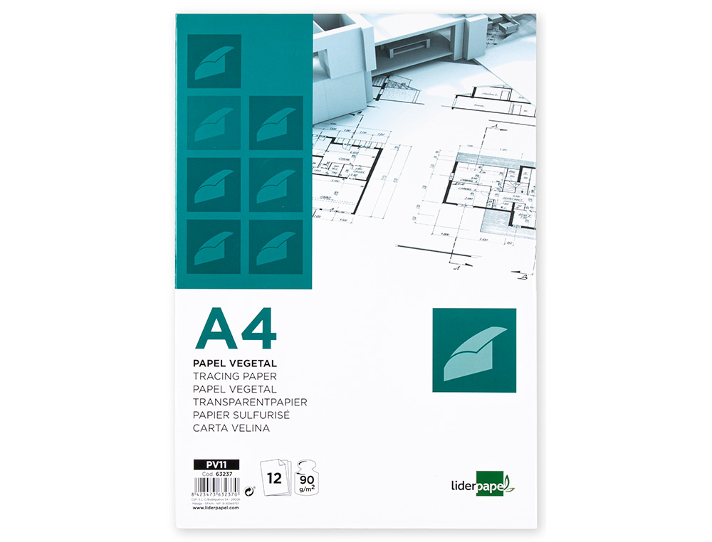 PAPIER CALQUE LIDERPAPEL A4 210X297MM 90G SACHET DE 12 FEUILLES
