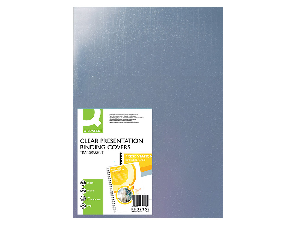 PLAT COUVERTURE Q-CONNECT PVC 200 MICRONS A3 RELIEURS SPIRALES PEIGNES ANNEAUX INCOLORE PAQUET 100 UNITÉS