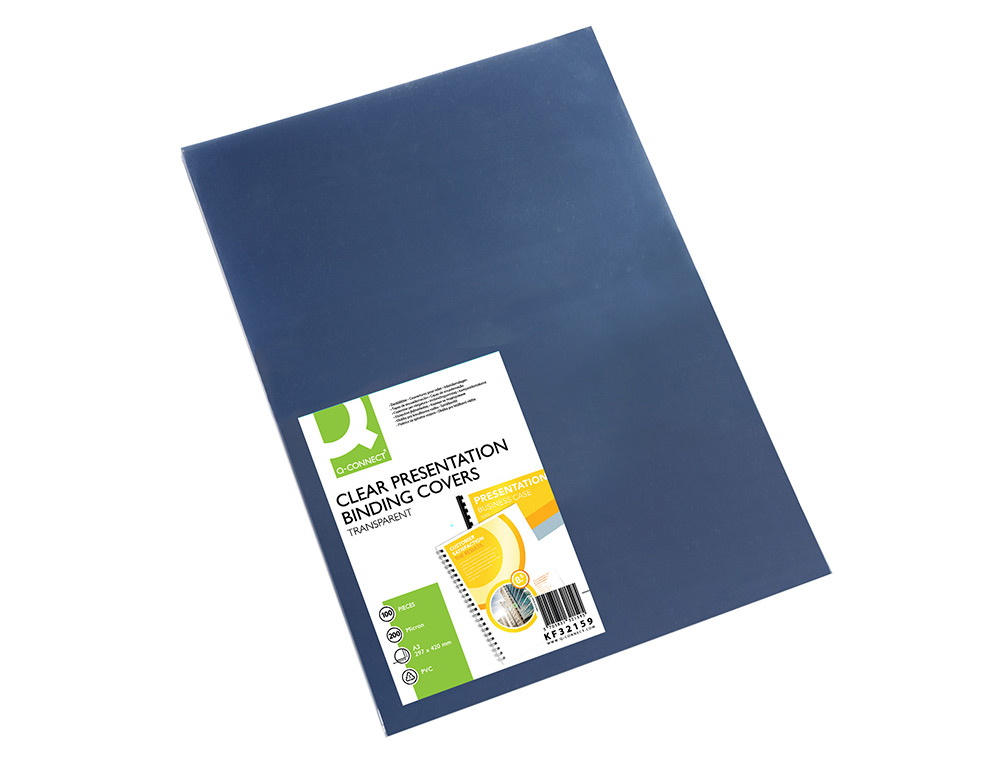 PLAT COUVERTURE Q-CONNECT PVC 200 MICRONS A3 RELIEURS SPIRALES PEIGNES ANNEAUX INCOLORE PAQUET 100 UNITÉS