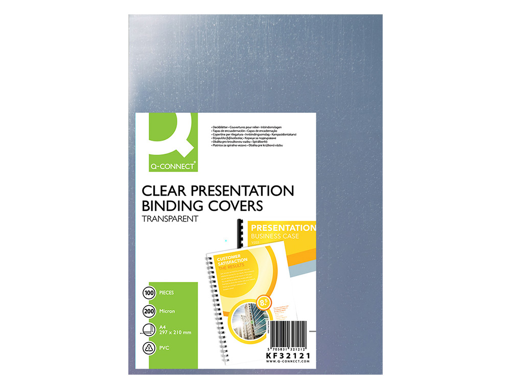 PLAT COUVERTURE Q-CONNECT PVC 200 MICRONS A4 RELIEURS SPIRALES PEIGNES ANNEAUX INCOLORE PAQUET 100 UNITÉS