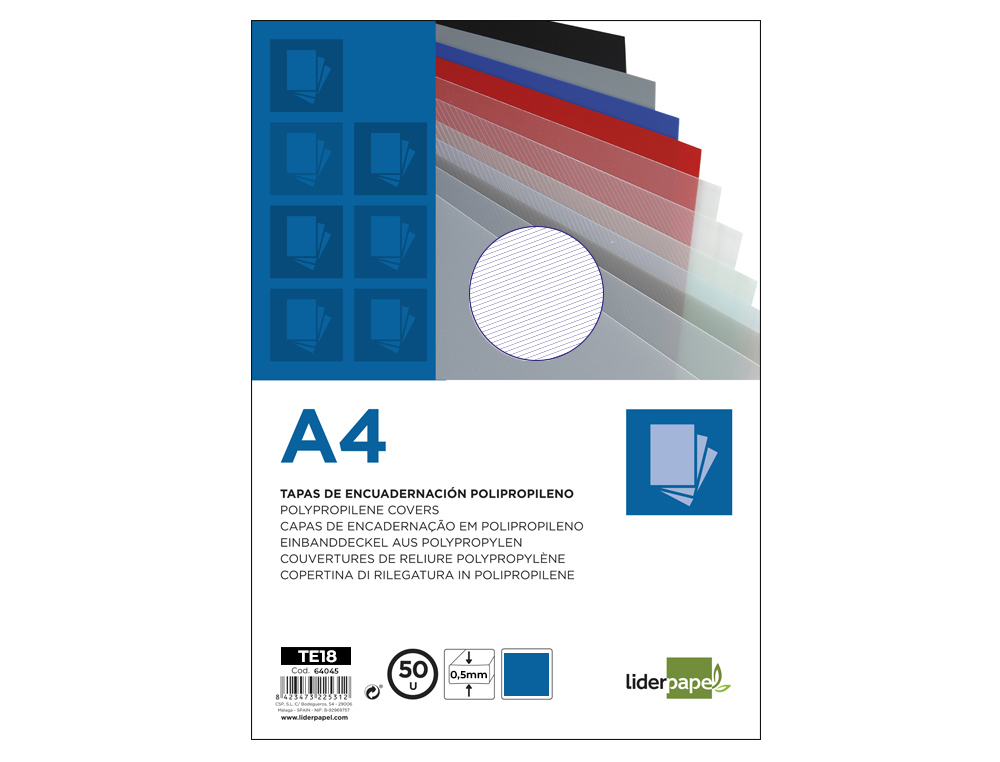 PLAT COUVERTURE LIDERPAPEL PPL RAYÉ LIGNES DIAGONALES 0.5MM A4 DOSSIER RELIURE COLORIS BLEU BOÎTE 100 UNITÉS