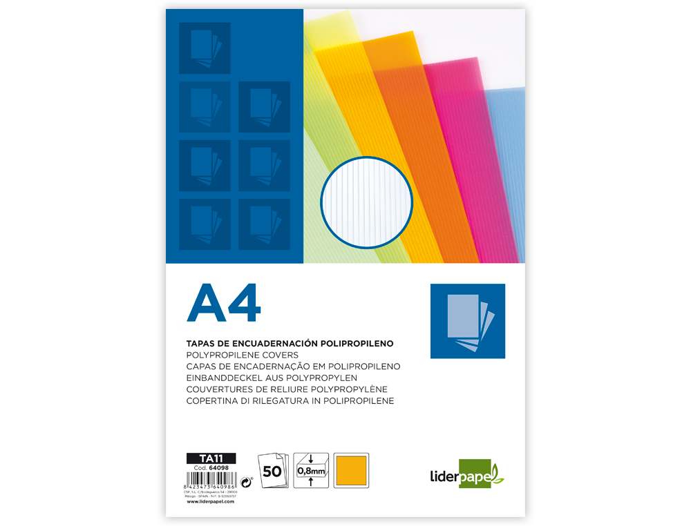 PLAT COUVERTURE LIDERPAPEL PP ONDULÉ TRANSLUCIDE 0.8MM A4 DOSSIER RELIURE ORANGE PAQUET 50 UNITÉS