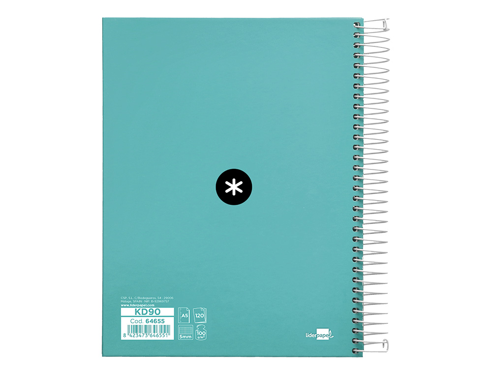 CAHIER SPIRALE ANTARTIK A5 240P 90G REMBORDÉ QUADRILLAGE 5MM MICROPERFORÉ 5 BANDES 6 TROUS COLORIS MENTHE