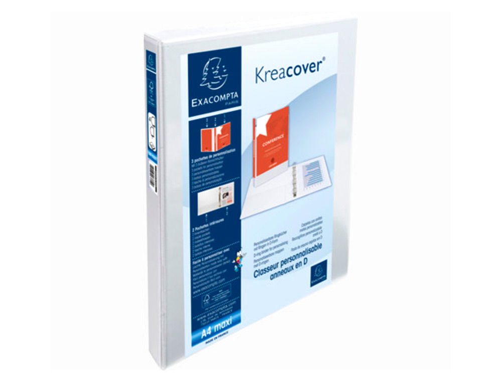 CLASSEUR EXACOMPTA KREACOVER 4 ANNEAUX 15MM A4+ CARTON RECOUVERT POLYPROPYLNE DOS 38MM PERSONNALISABLE BLANC