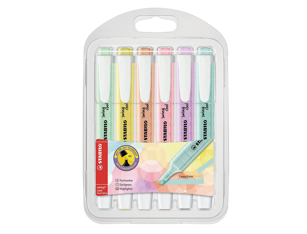 SURLIGNEUR STABILO SWING COOL PASTEL MODÈLE DE POCHE AVEC AGRAFE TRACÉ 1/4MM POCHETTE 6 COLORIS ASSORTIS