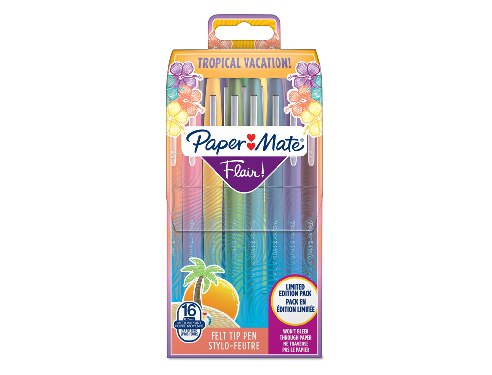 STYLO-FEUTRE PAPER MATE FLAIR TROPICAL POINTE MOYENNE 1MM CLIP MÉTAL MODERNE CORPS TEXTURE MATE BOÎTE DE 16 UNITÉS