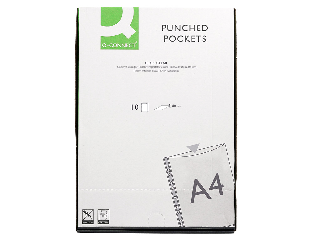 POCHETTE Q-CONNECT POLYPROPYLNE LISSE 8/100E PERFORE A4 CRISTAL ANTISTATIQUE SACHET 10 UNITS