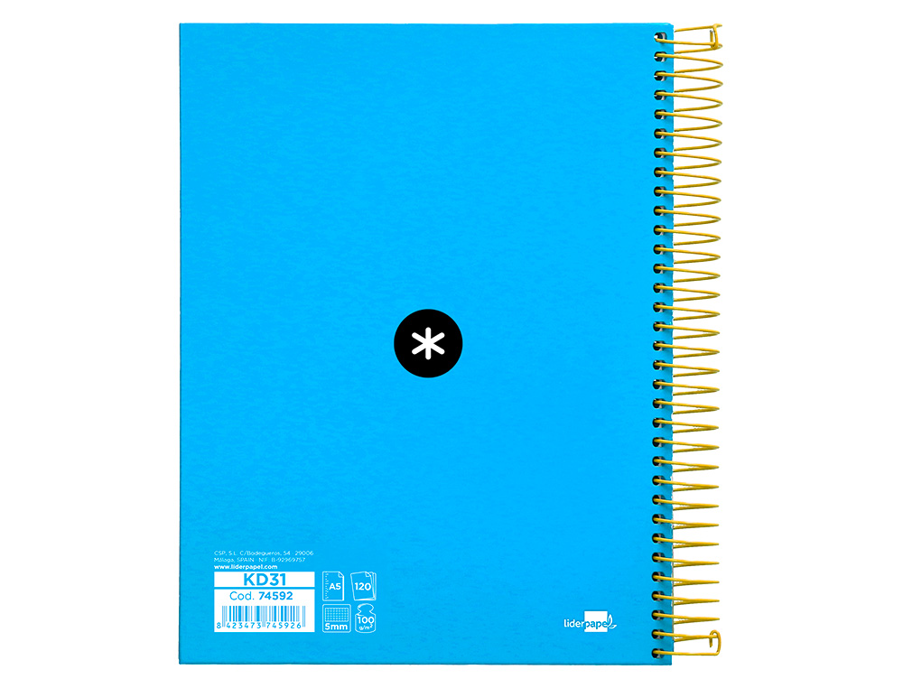 CAHIER SPIRALE LIDERPAPEL ANTARTIK A5 240P 90G COUVERTURE REMBORDÉE QUADRILLAGE 5MM 6 TROUS COIL-LOCK COLORIS BLEU