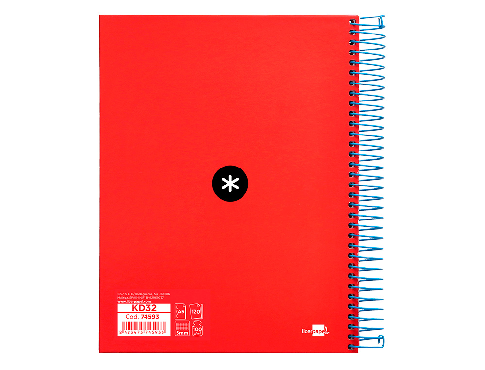 CAHIER SPIRALE LIDERPAPEL ANTARTIK A5 240P 90G COUVERTURE REMBORDÉE QUADRILLAGE 5MM 6 TROUS COIL-LOCK COLORIS ROUGE