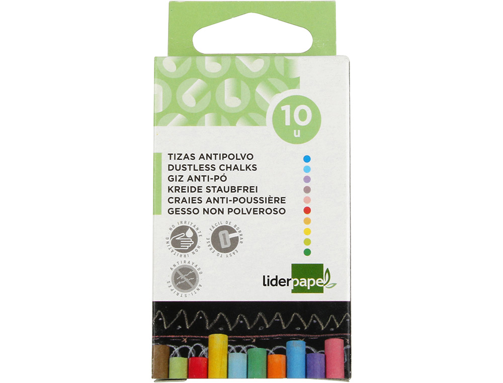 CRAIE LIDERPAPEL ENROBÉE RONDE ANTI-POUSSIÈRE TRACÉ ÉCRITURE DOUCE HYPOALLERGÉNIQUE COLORIS ASSORTIS BOÎTE 10 UNITÉS