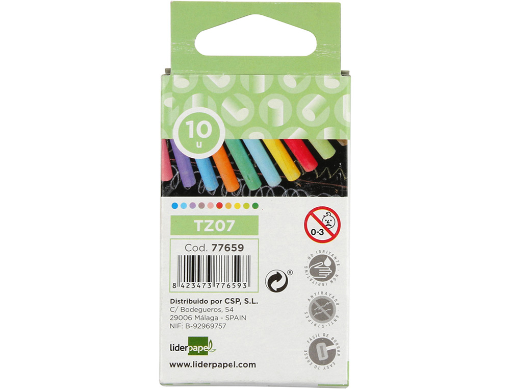 CRAIE LIDERPAPEL ENROBÉE RONDE ANTI-POUSSIÈRE TRACÉ ÉCRITURE DOUCE HYPOALLERGÉNIQUE COLORIS ASSORTIS BOÎTE 10 UNITÉS